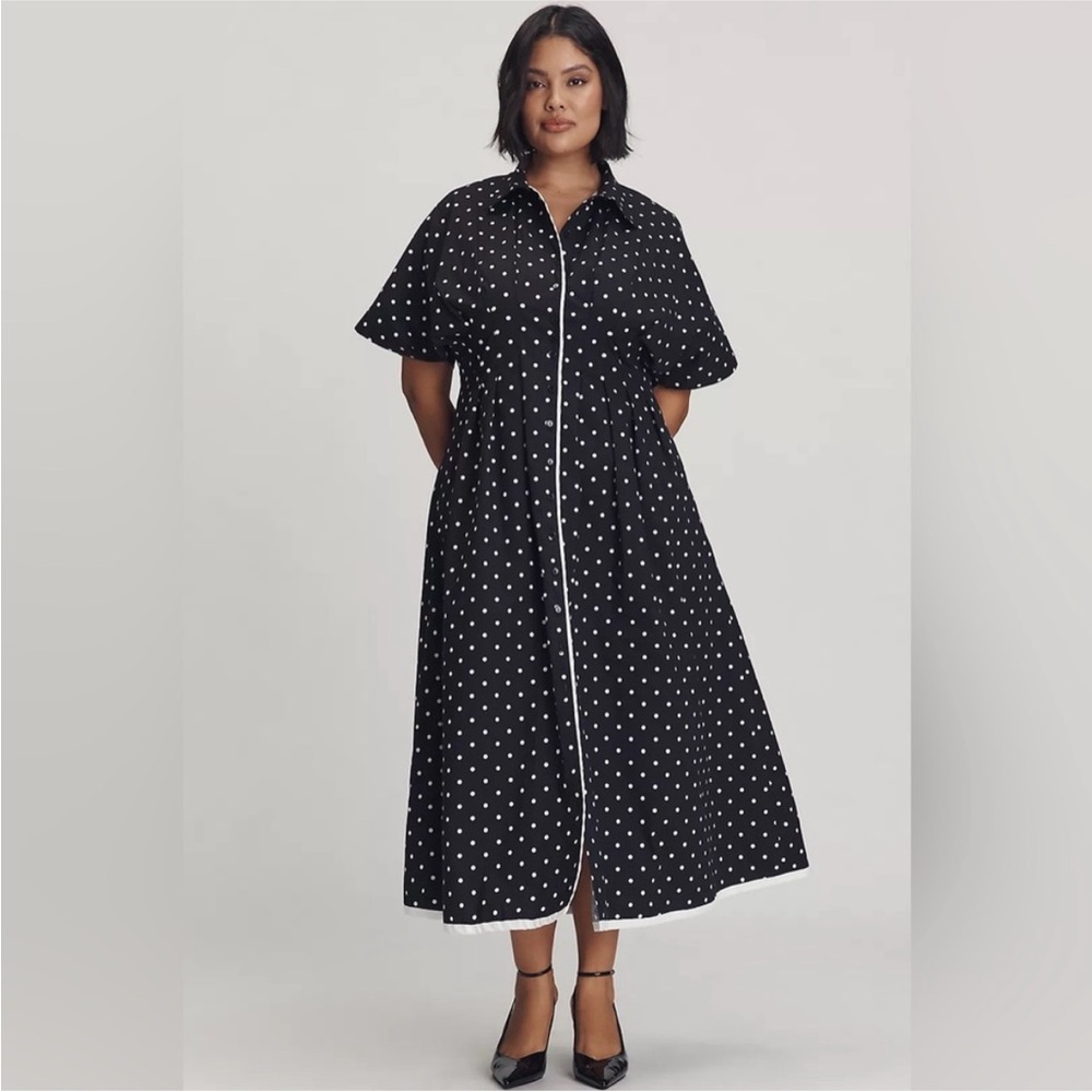 Anthropologie Black Polka Dot Midi Dress with White Trim - Picture 2 of 10